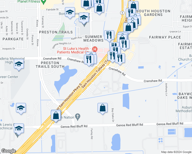 map of restaurants, bars, coffee shops, grocery stores, and more near Sam Houston Tollway in Pasadena