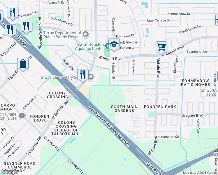 map of restaurants, bars, coffee shops, grocery stores, and more near 12526 South Garden Street in Houston