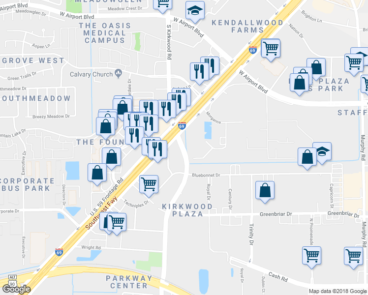map of restaurants, bars, coffee shops, grocery stores, and more near 12635 South Kirkwood Road in Stafford