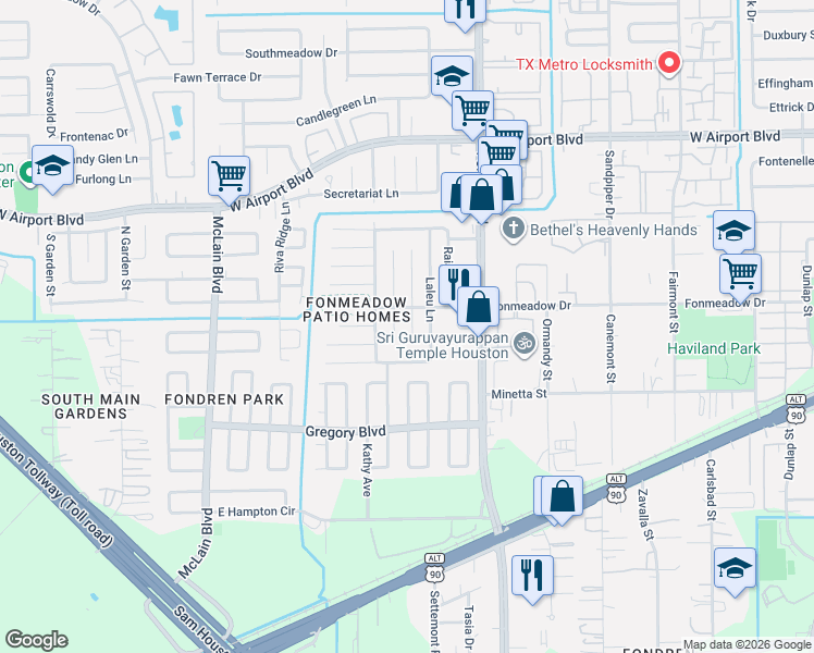 map of restaurants, bars, coffee shops, grocery stores, and more near 12630 Miriam Lane in Houston