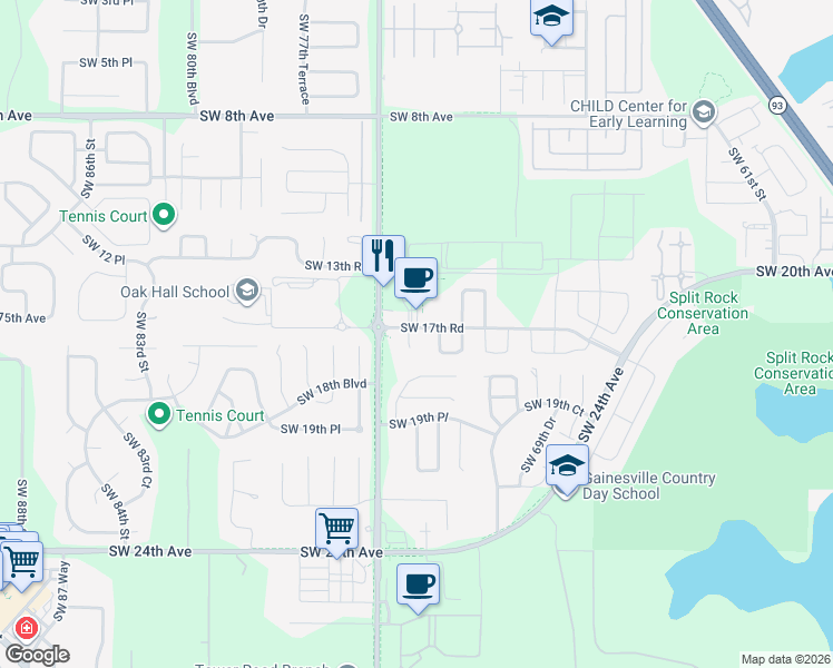 map of restaurants, bars, coffee shops, grocery stores, and more near 7485 Southwest 17th Road in Gainesville