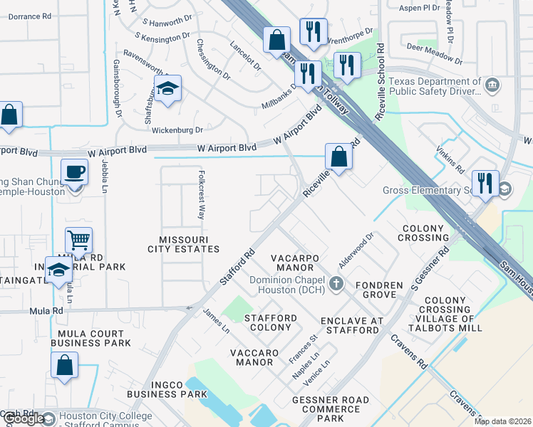 map of restaurants, bars, coffee shops, grocery stores, and more near 12700 Riceville School Road in Stafford