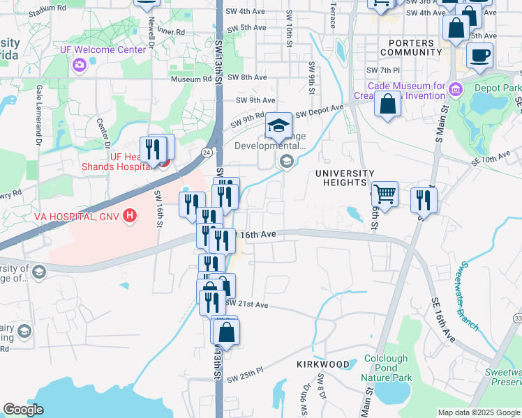 map of restaurants, bars, coffee shops, grocery stores, and more near 1120 Southwest 14th Avenue in Gainesville