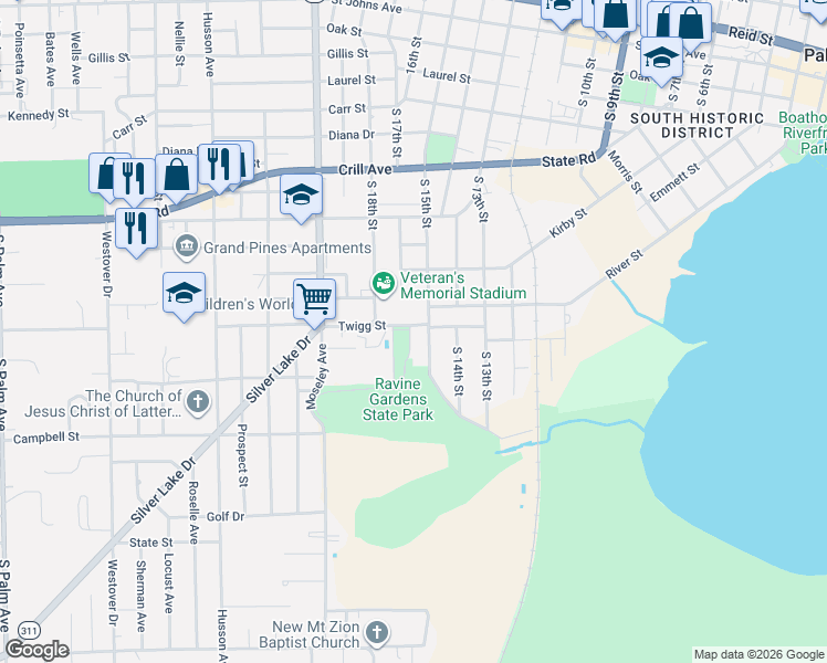 map of restaurants, bars, coffee shops, grocery stores, and more near 19 South 18th Street in Palatka