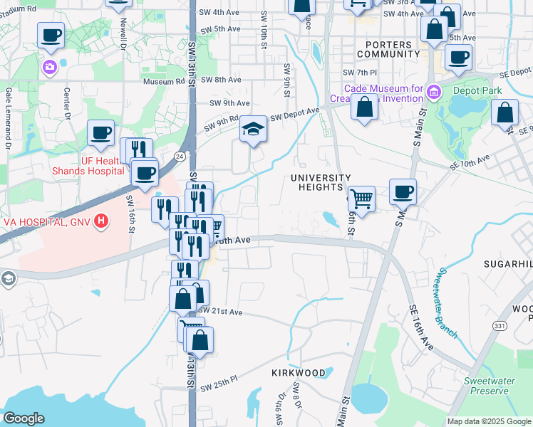 map of restaurants, bars, coffee shops, grocery stores, and more near in Gainesville