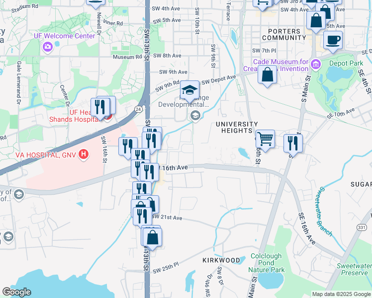 map of restaurants, bars, coffee shops, grocery stores, and more near 1120 Southwest 14th Avenue in Gainesville