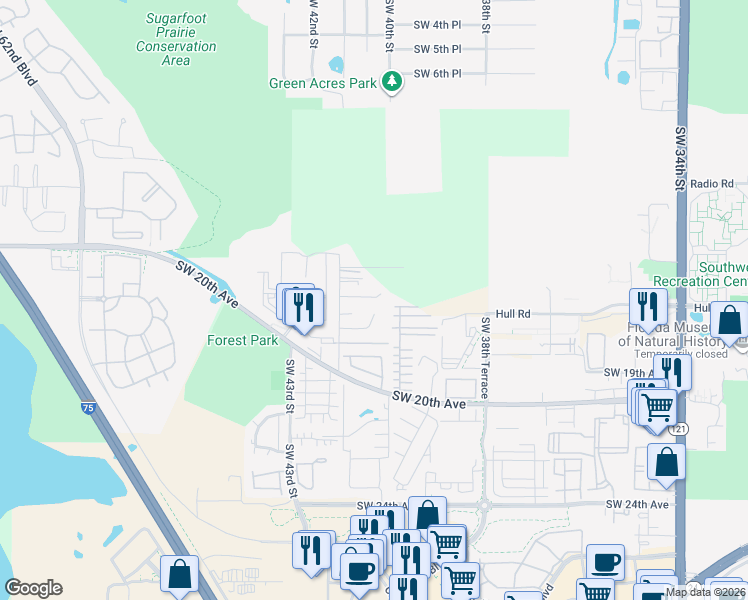 map of restaurants, bars, coffee shops, grocery stores, and more near 4112 Southwest 15 Place in Gainesville