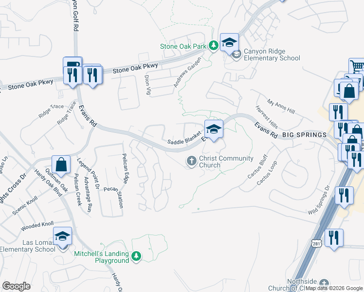map of restaurants, bars, coffee shops, grocery stores, and more near 21210 Leslie Carson in San Antonio