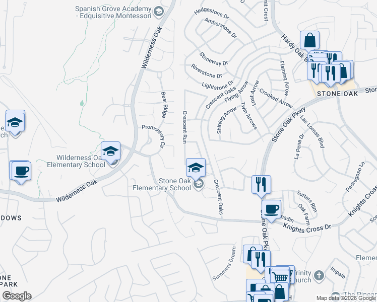 map of restaurants, bars, coffee shops, grocery stores, and more near 1514 Crescent Woods in San Antonio