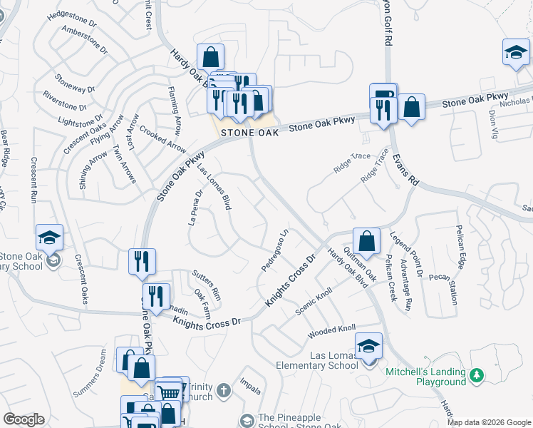 map of restaurants, bars, coffee shops, grocery stores, and more near 21114 Villa Valencia in San Antonio