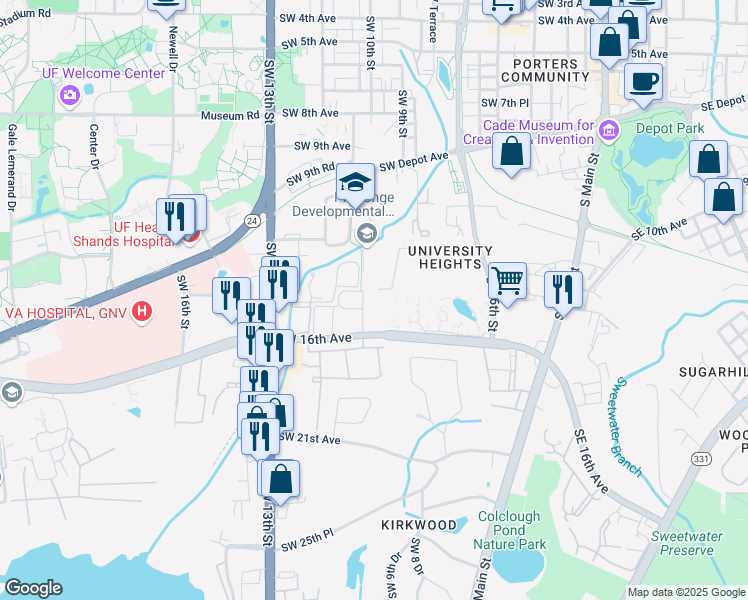 map of restaurants, bars, coffee shops, grocery stores, and more near 1405 Southwest 10th Terrace in Gainesville