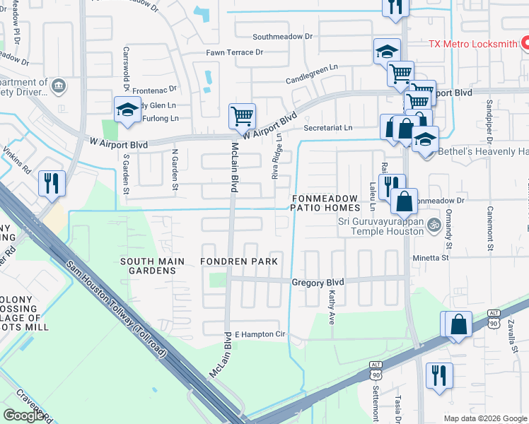 map of restaurants, bars, coffee shops, grocery stores, and more near 15311 East Antone Circle in Houston