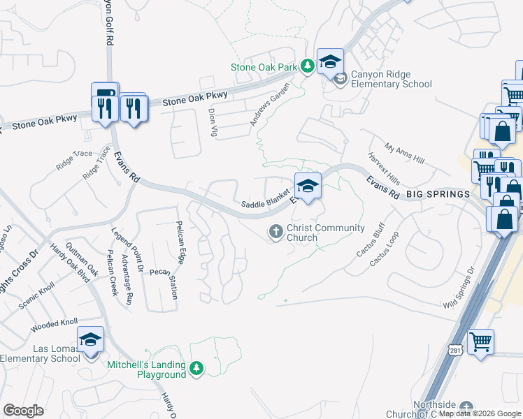 map of restaurants, bars, coffee shops, grocery stores, and more near 21210 Leslie Carson in San Antonio