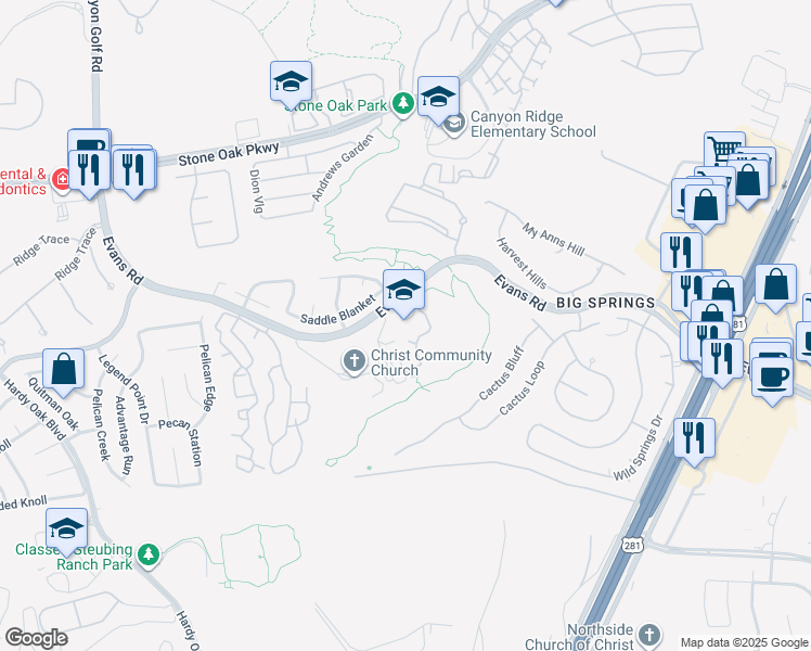 map of restaurants, bars, coffee shops, grocery stores, and more near 1500 Evans Road in San Antonio