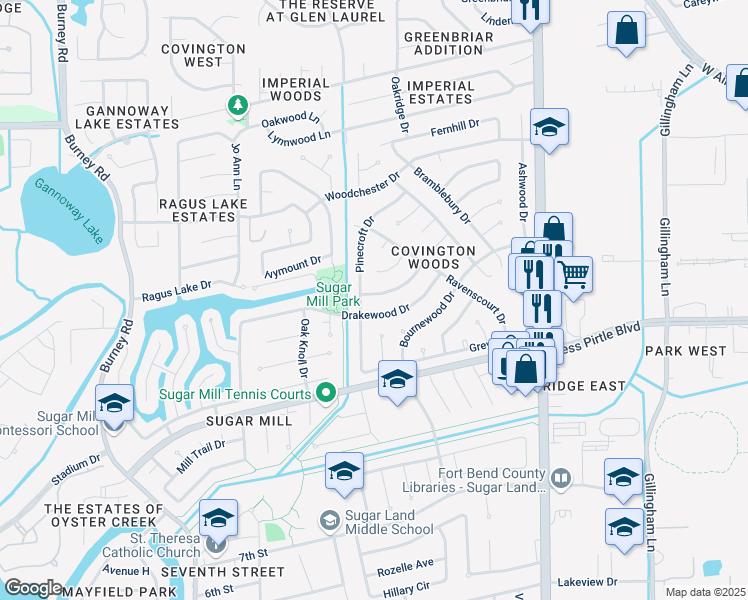 map of restaurants, bars, coffee shops, grocery stores, and more near 1226 Pinecroft Drive in Sugar Land