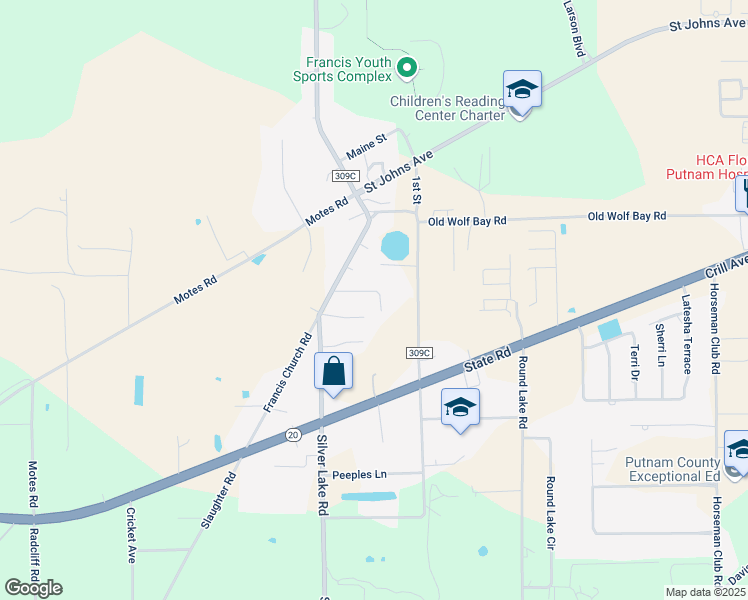 map of restaurants, bars, coffee shops, grocery stores, and more near 112 Oak Tree Lane in Palatka