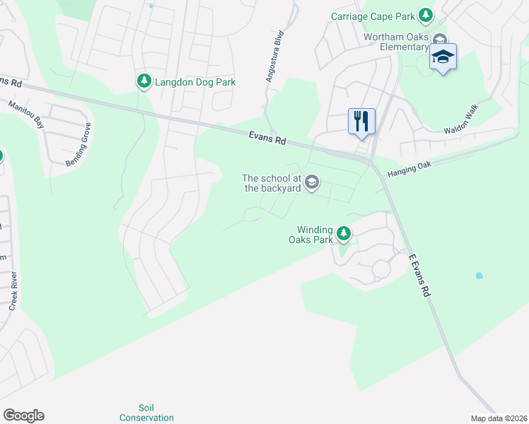 map of restaurants, bars, coffee shops, grocery stores, and more near 5093 Evans Road in San Antonio