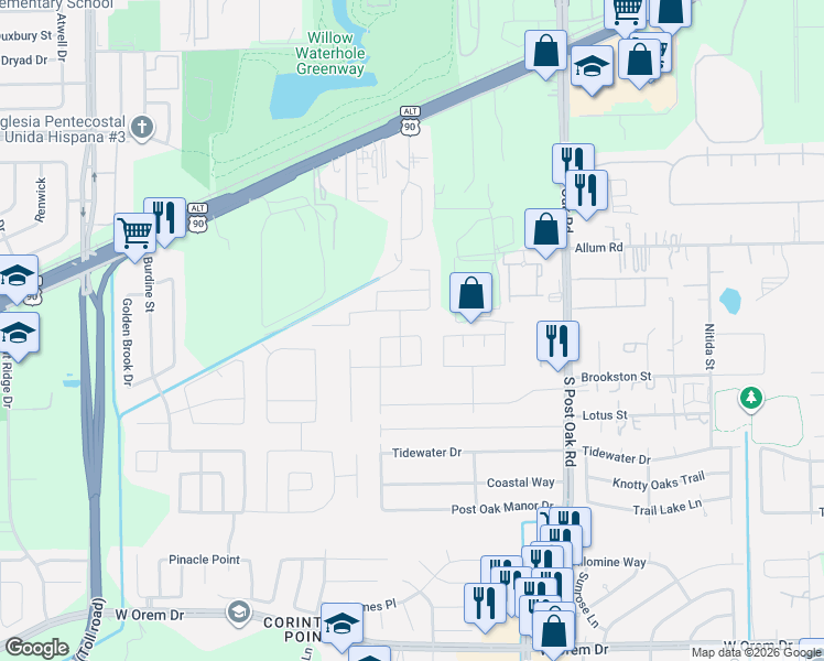 map of restaurants, bars, coffee shops, grocery stores, and more near 5107 Roseglen Meadow Lane in Houston
