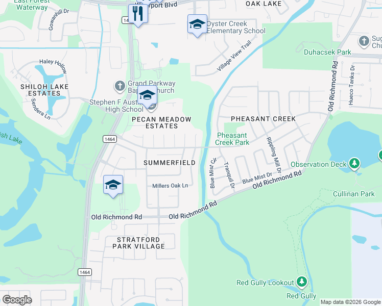 map of restaurants, bars, coffee shops, grocery stores, and more near 16831 Summerfield Ridge Court in Sugar Land