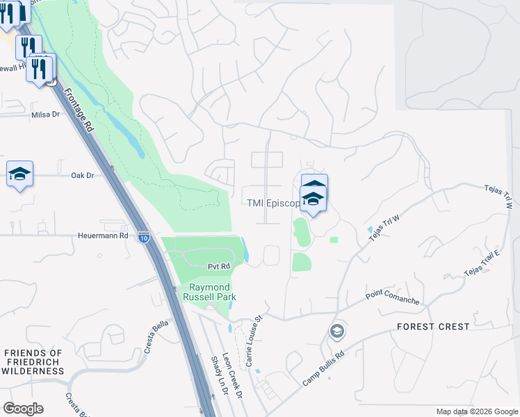 map of restaurants, bars, coffee shops, grocery stores, and more near 6315 Malaga Way in San Antonio