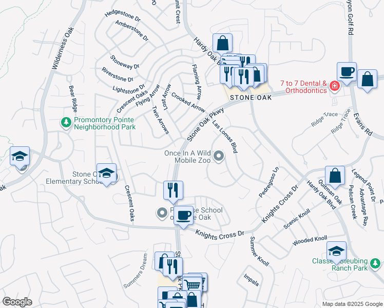 map of restaurants, bars, coffee shops, grocery stores, and more near 19638 Stone Oak Parkway in San Antonio