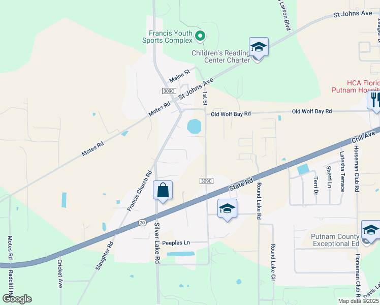 map of restaurants, bars, coffee shops, grocery stores, and more near 112 Oak Tree Lane in Palatka