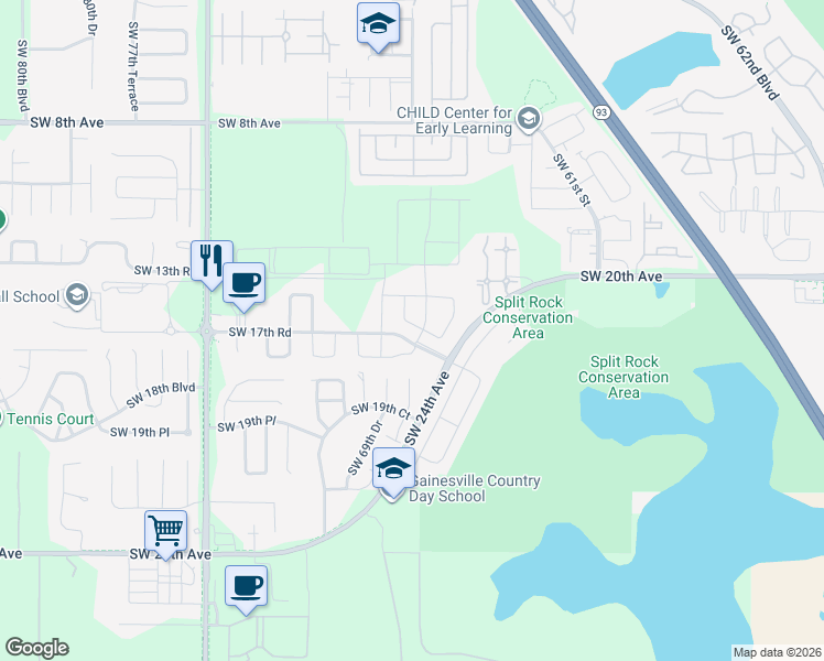 map of restaurants, bars, coffee shops, grocery stores, and more near 1641 Southwest 68th Terrace in Gainesville