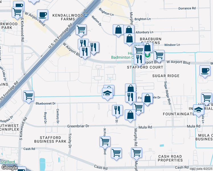 map of restaurants, bars, coffee shops, grocery stores, and more near 11107 West Airport Boulevard in Stafford