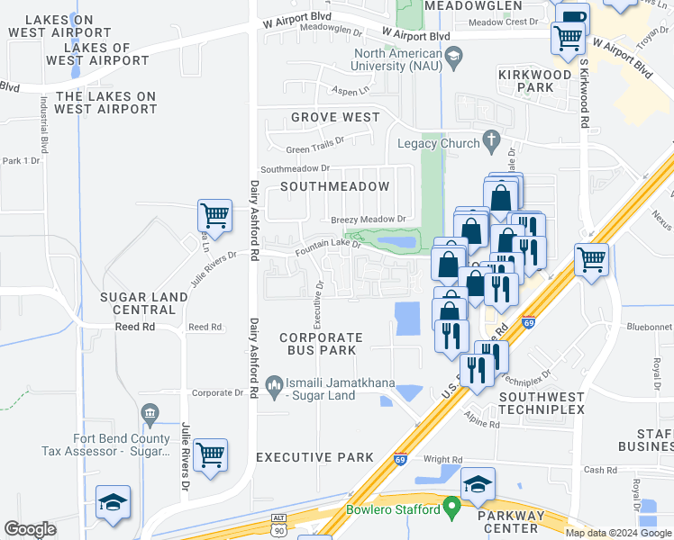 map of restaurants, bars, coffee shops, grocery stores, and more near 10500 Fountain Lake Drive in Stafford