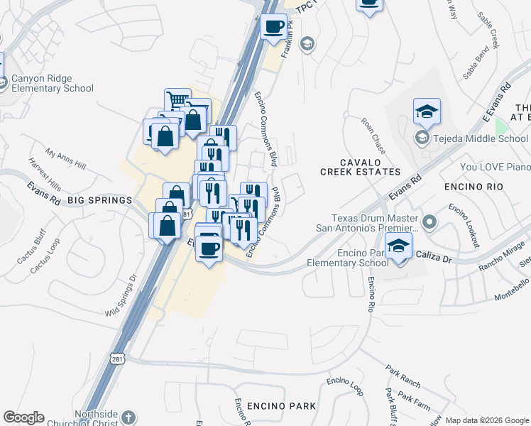 map of restaurants, bars, coffee shops, grocery stores, and more near 21211 Encino Commons in San Antonio