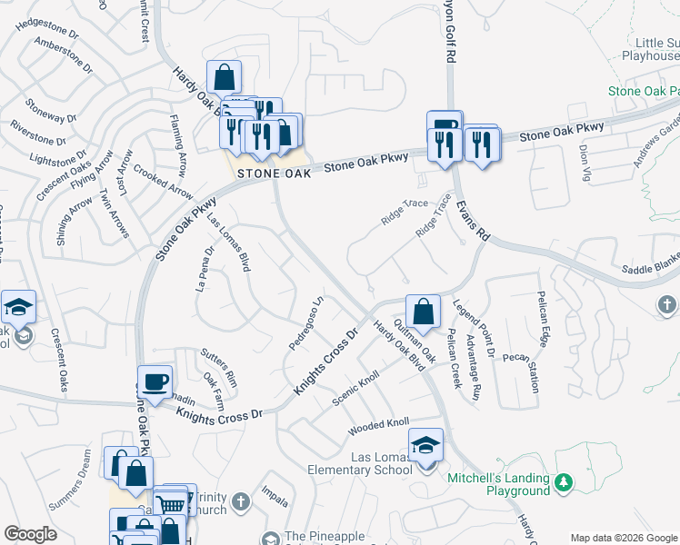 map of restaurants, bars, coffee shops, grocery stores, and more near 21531 La Pena Drive in San Antonio