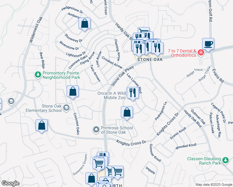 map of restaurants, bars, coffee shops, grocery stores, and more near 19638 Stone Oak Parkway in San Antonio