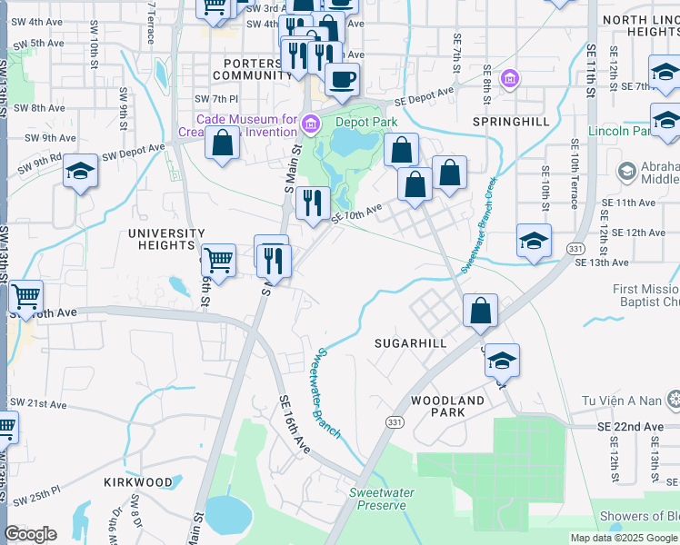 map of restaurants, bars, coffee shops, grocery stores, and more near 1315 Southeast Veitch Street in Gainesville