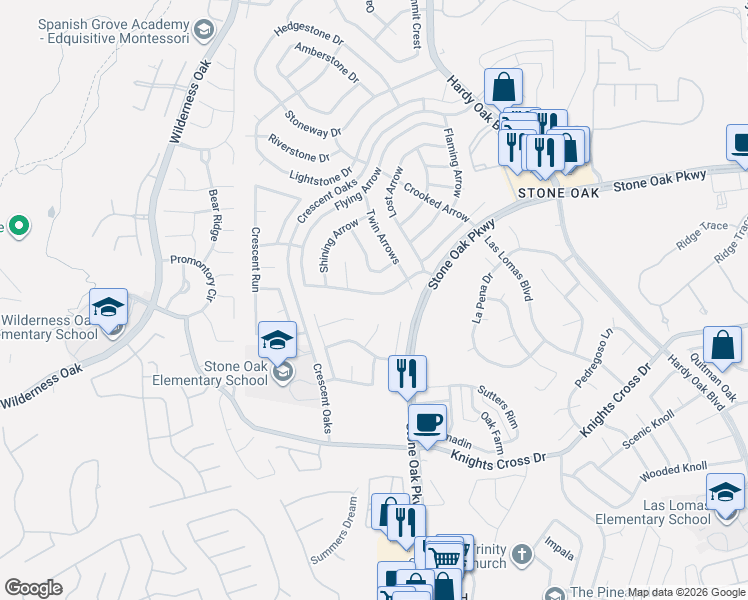 map of restaurants, bars, coffee shops, grocery stores, and more near 1327 Arrow Hill in San Antonio