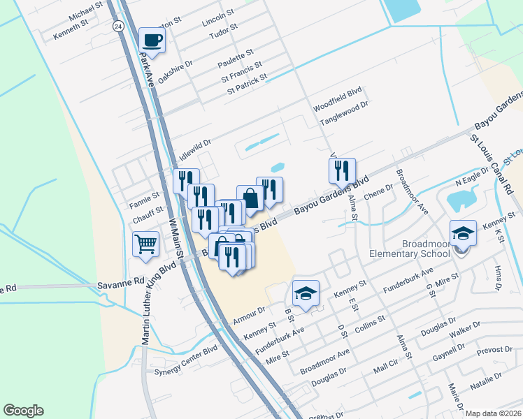 map of restaurants, bars, coffee shops, grocery stores, and more near 272 Rue Max in Houma
