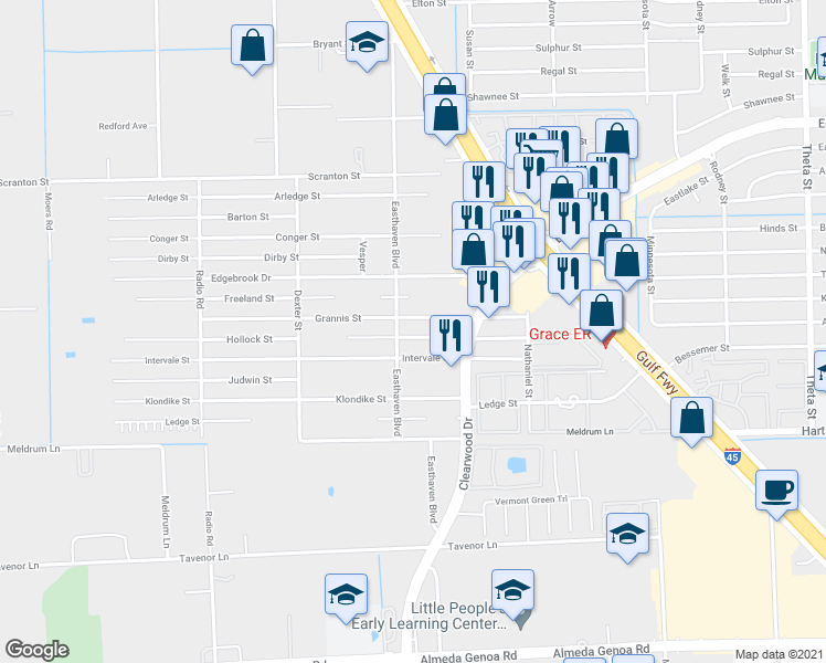 map of restaurants, bars, coffee shops, grocery stores, and more near 9406 Grannis Street in Houston