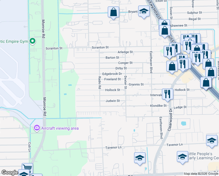 map of restaurants, bars, coffee shops, grocery stores, and more near 9102 Grannis Street in Houston
