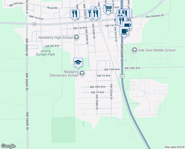 map of restaurants, bars, coffee shops, grocery stores, and more near 25345 Southwest 15th Avenue in Newberry