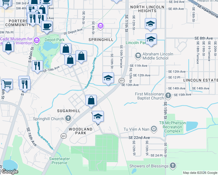 map of restaurants, bars, coffee shops, grocery stores, and more near 908 Southeast Williston Road in Gainesville