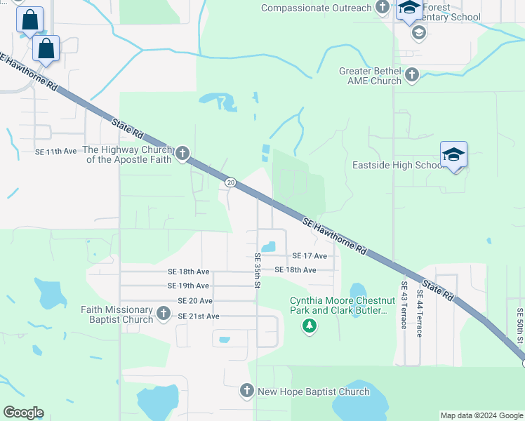 map of restaurants, bars, coffee shops, grocery stores, and more near 1300-1498 Southeast 35th Avenue in Gainesville