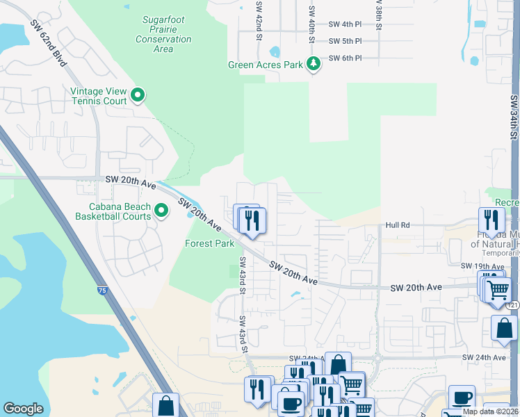 map of restaurants, bars, coffee shops, grocery stores, and more near 4400 Southwest 20th Avenue in Gainesville