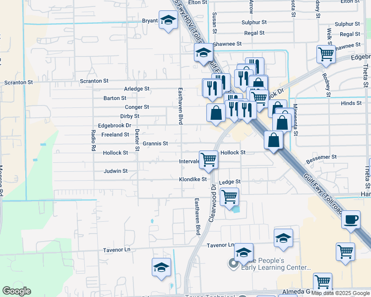 map of restaurants, bars, coffee shops, grocery stores, and more near 9407 Hollock Street in Houston