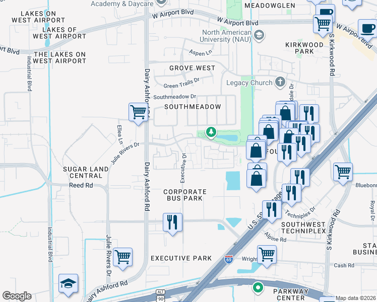 map of restaurants, bars, coffee shops, grocery stores, and more near 10500 Fountain Lake Drive in Stafford