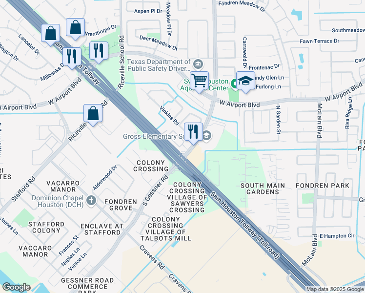 map of restaurants, bars, coffee shops, grocery stores, and more near 12600 South Gessner Road in Houston