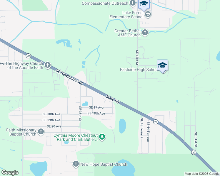 map of restaurants, bars, coffee shops, grocery stores, and more near 3720 Southeast Hawthorne Road in Gainesville