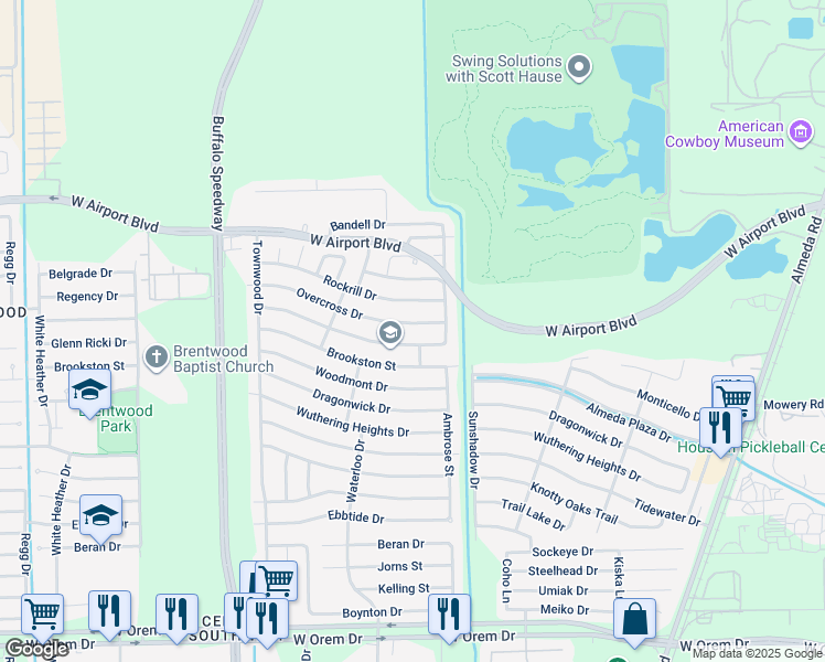 map of restaurants, bars, coffee shops, grocery stores, and more near 3107 Overcross Drive in Houston