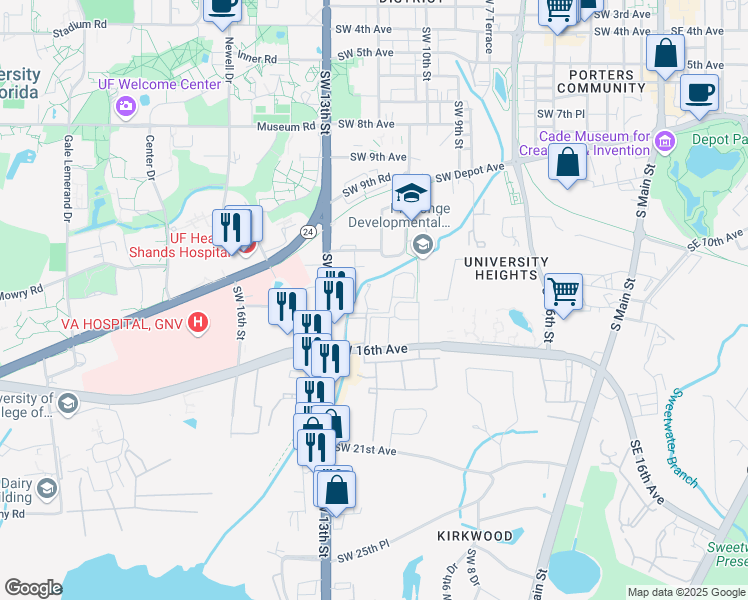 map of restaurants, bars, coffee shops, grocery stores, and more near 1212 Southwest 14th Avenue in Gainesville