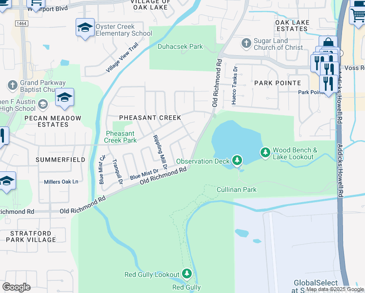 map of restaurants, bars, coffee shops, grocery stores, and more near 2410 Blue Mist Court in Sugar Land