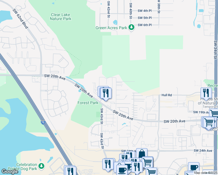 map of restaurants, bars, coffee shops, grocery stores, and more near 3000 Southwest 43rd Street in Gainesville