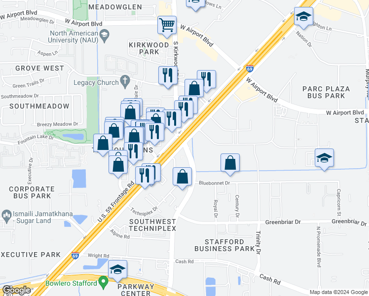 map of restaurants, bars, coffee shops, grocery stores, and more near 12084 South Kirkwood Road in Stafford